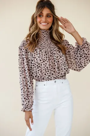 Sparrow High Neck Shirred Blouse Spot Print Dusty Pink