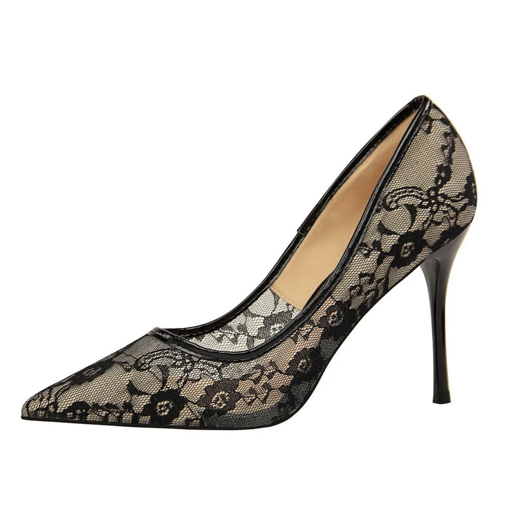 Women Pumps; Sexy heels; women's shoes; stiletto heels; pointed toe heels; mesh cutout lace trims