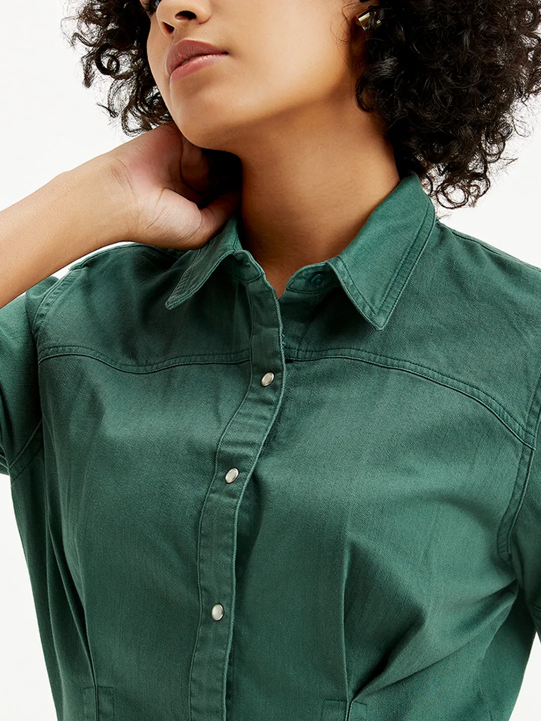 Women's Solid Green Spread Collar Shirt Dress