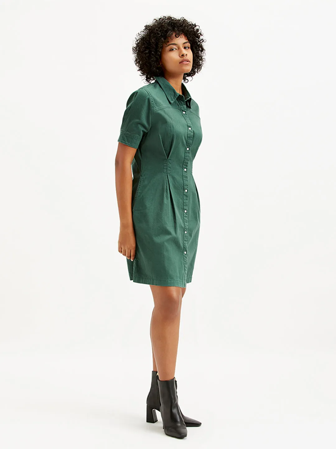 Women's Solid Green Spread Collar Shirt Dress