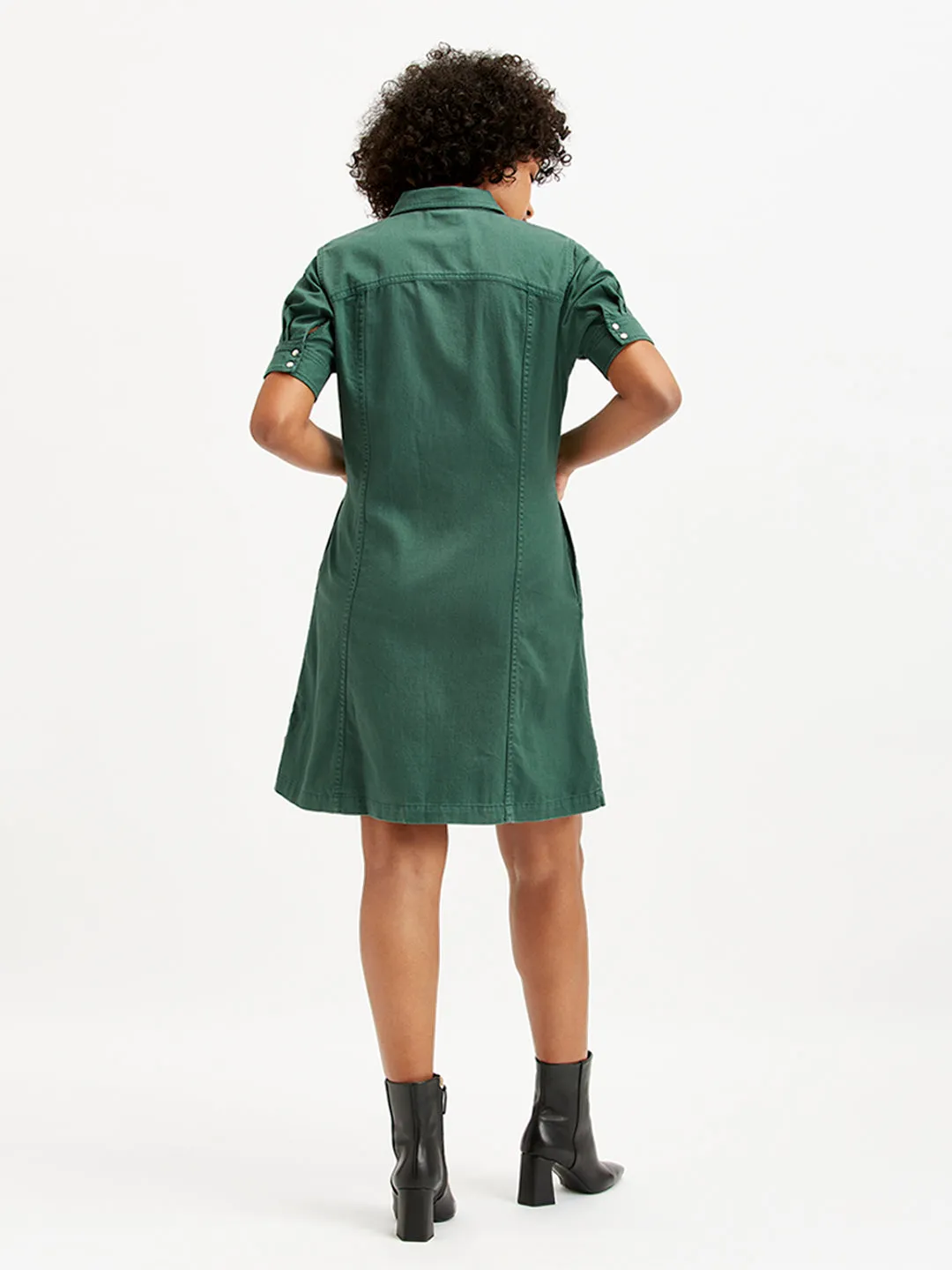 Women's Solid Green Spread Collar Shirt Dress