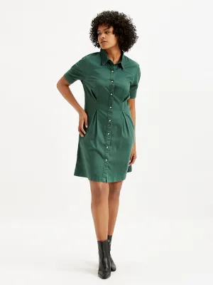 Women's Solid Green Spread Collar Shirt Dress